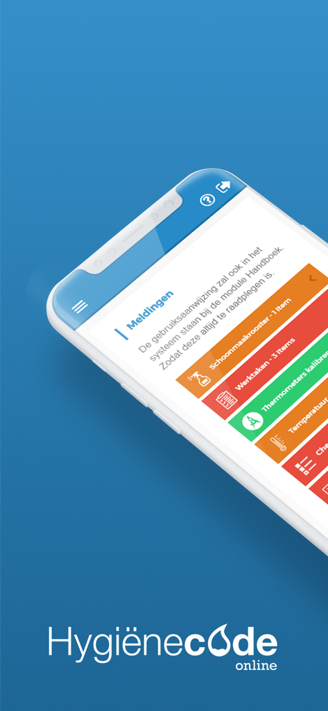 Hygiënecode Online - Smartphone displaying the Hygiënecode Online app with cleaning schedules and food safety tasks.