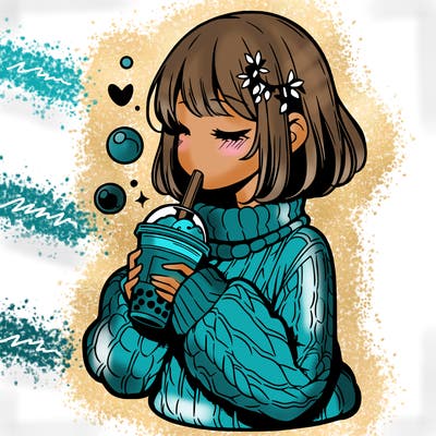 manga girl drinking boba in cozy sweater