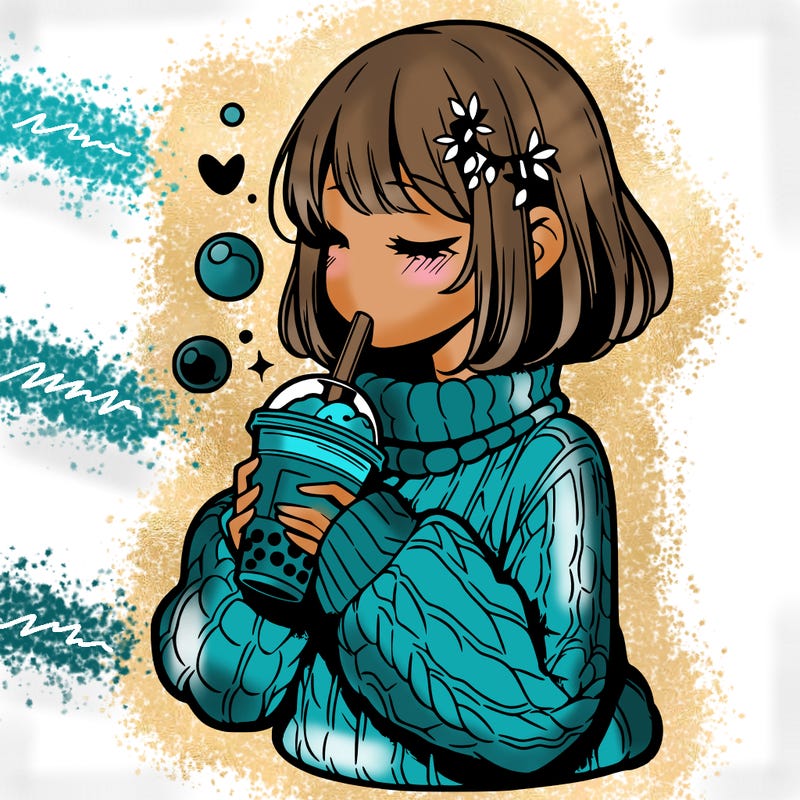 manga girl drinking boba in cozy sweater