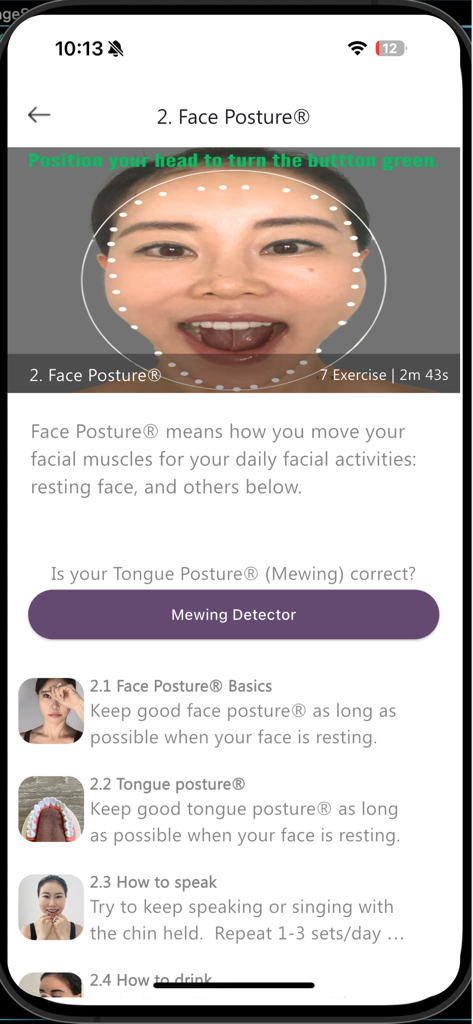 Koko Face Yoga - Koko Face Yoga app interface showing face posture exercises and mewing detector tool