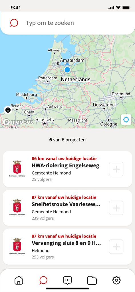 Helmond Bouwt - Helmond Bouwt App-Bildschirm mit einer Karte und einer Liste aktiver städtischer Bauprojekte.