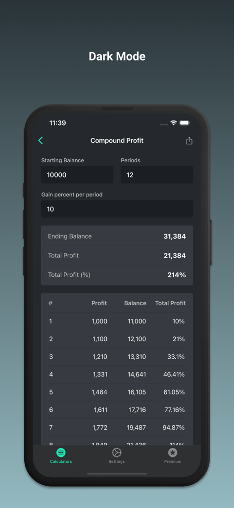 FX計算ツールアプリのダークモードでの複利計算画面