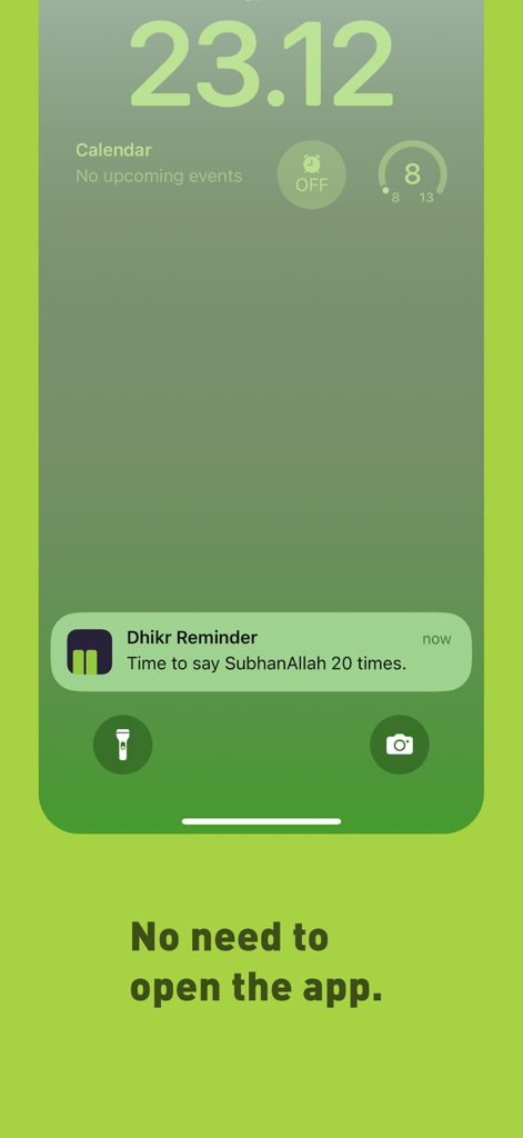 Pantalla de bloqueo del iPhone que muestra una notificación de recordatorio de Dhikr y widgets de progreso de la aplicación Kalimatan