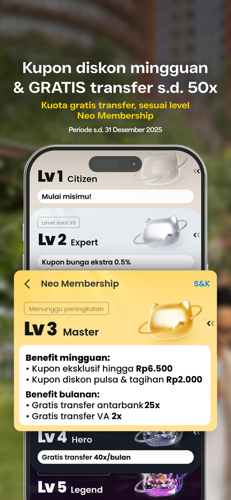Screen showing neobank membership levels and loyalty benefits like free transfers and discount coupons