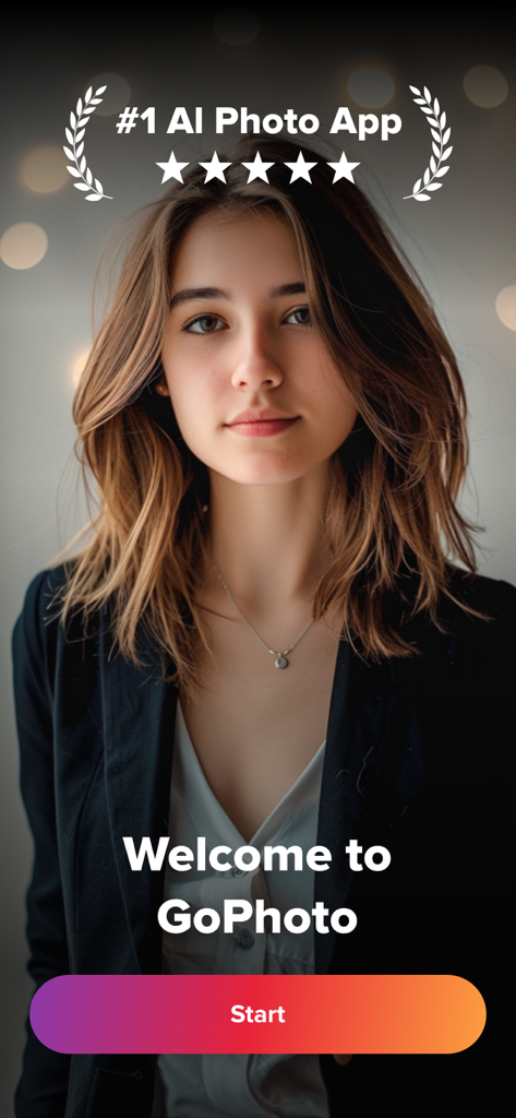 GoPhoto:AI Photo & Video Maker - Welcome screen of GoPhoto AI photo app featuring a professional headshot and a start button