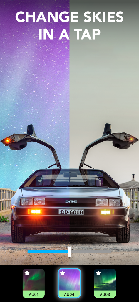 Ein geteiltes Bild, das ein Auto mit einem ursprünglichen grauen Himmel und einem ersetzten Sternenhimmel mit der Lightleap-App zeigt