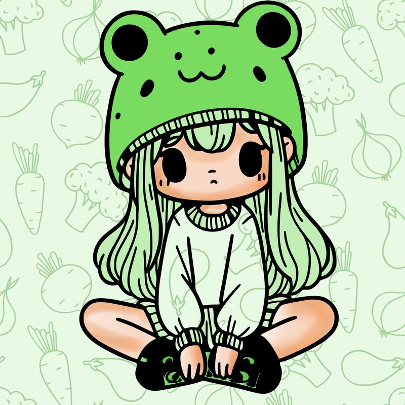 a girl wearing a frog hat and some frog socks
