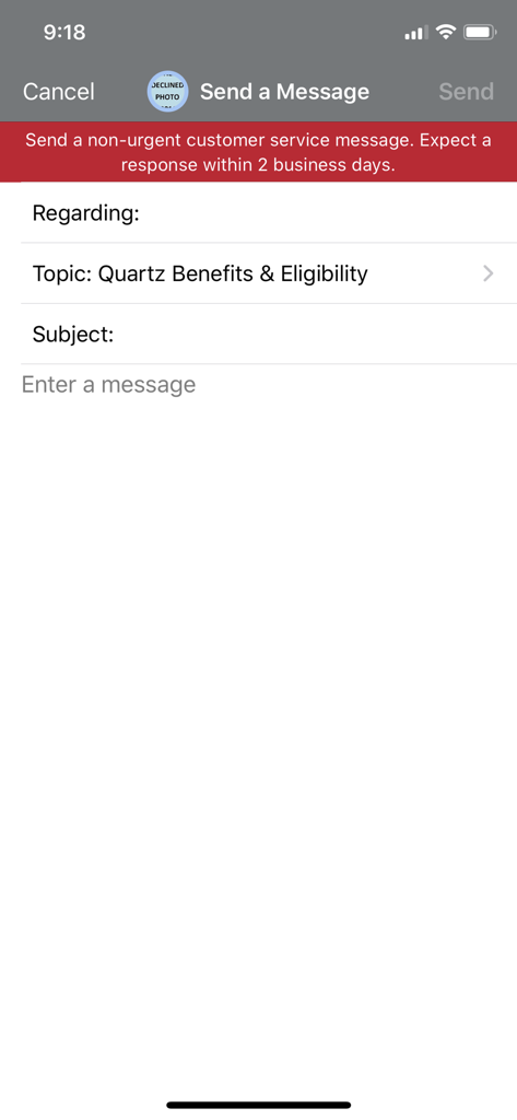 Interface to send a customer service message in the Quartz MyChart app