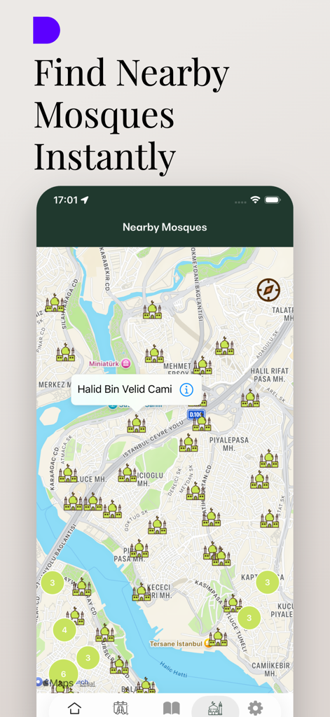 Prayer Times 2026: Ramadan - Karte, die Moscheen in der Nähe in der Gebetszeiten-App anzeigt