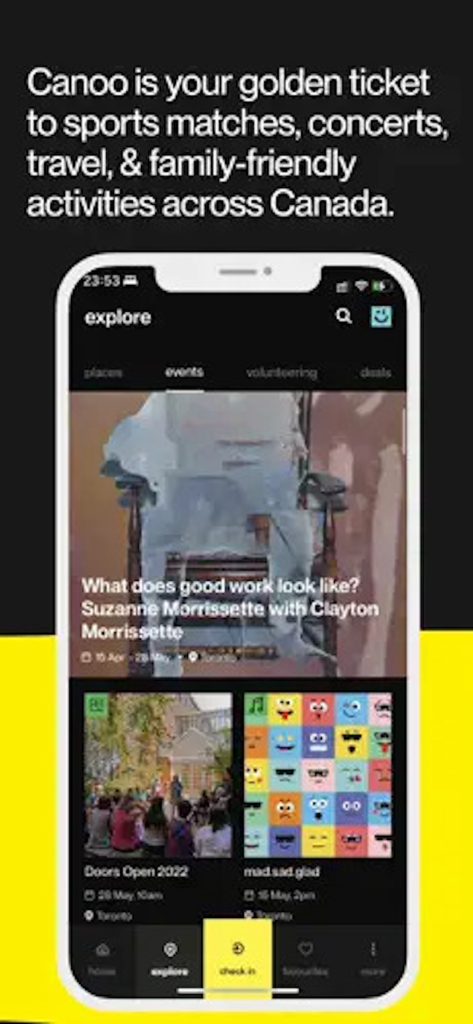 Canoo - Canoo 앱 탐색 섹션 스크린샷으로, 캐나다 전역의 다양한 문화 행사 및 활동을 보여줍니다.