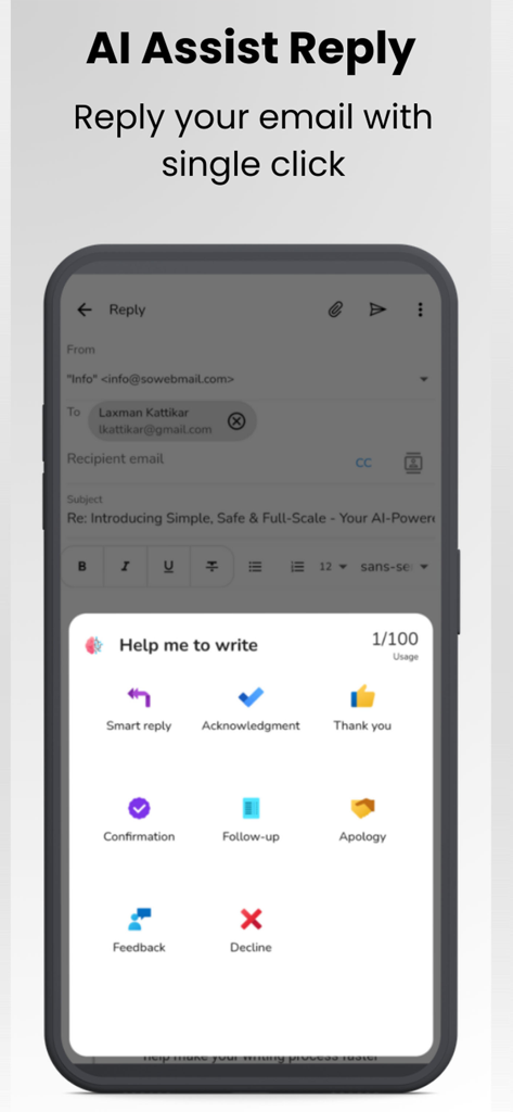 Webmail App - AI Assist Reply feature in the Webmail App providing automated response options