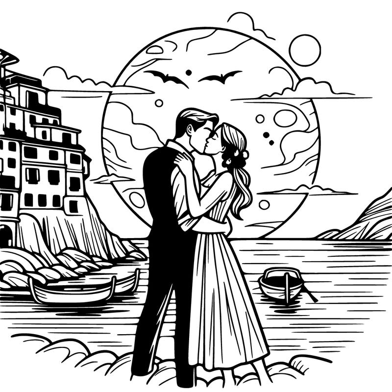 a couple in italy kissing with the sunset in the background at the sea.