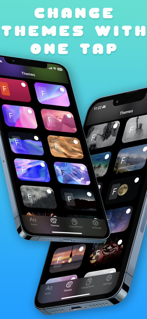 Custom Keyboard Fonts Fontsify - Una vista previa de varios temas de teclado estéticos disponibles en la aplicación Fontsify en dos teléfonos inteligentes