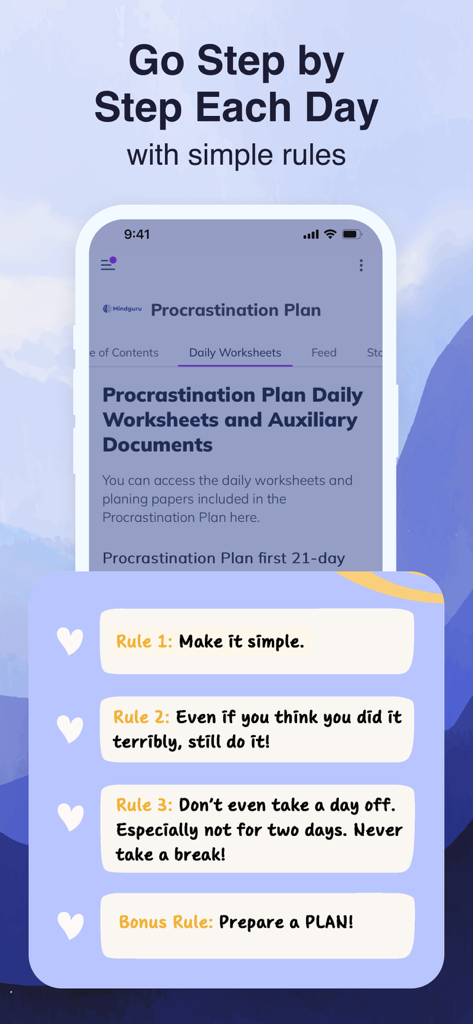 Mindguru Life - Captura de pantalla de la aplicación Mindguru Life que muestra el Plan de Procrastinación con reglas diarias sencillas para la productividad y la construcción de hábitos.