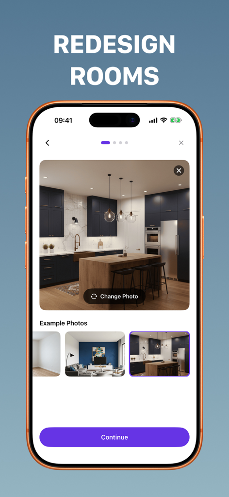 Home AI: Interior Design - ダークキャビネットと木製アイランドを備えたモダンなキッチンをリデザインしたHome AIアプリのインターフェイス