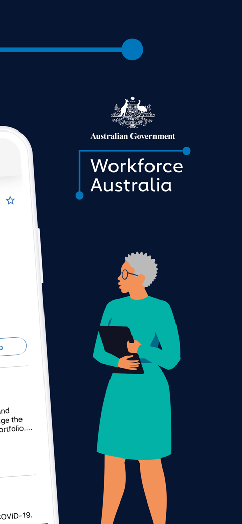 Workforce Australia - Workforce Australia app display showing the Australian Government logo and a stylized illustration of a professional woman holding a folder
