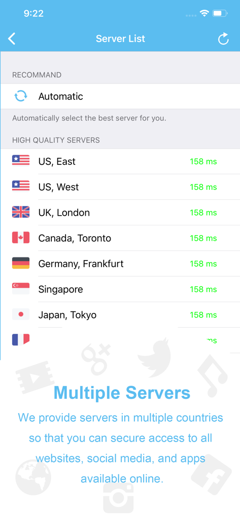 VPN Proxy -Unlimited Super VPN - Lista de servidores VPN globales de alta calidad en países como EE. UU., Reino Unido, Canadá y Japón