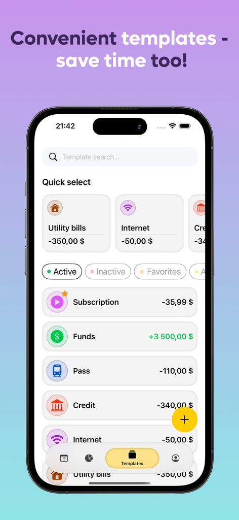 MoneySaver: Budget Planner App - MoneySaver app screen showing convenient budget templates for quick expense and income tracking