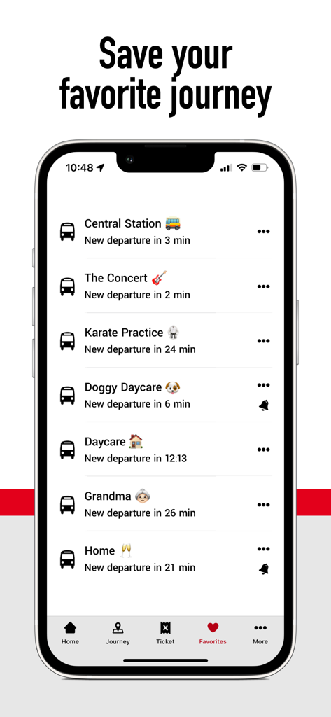 X-trafik - X-trafik app screenshot showing a list of saved favorite journeys with upcoming departure times