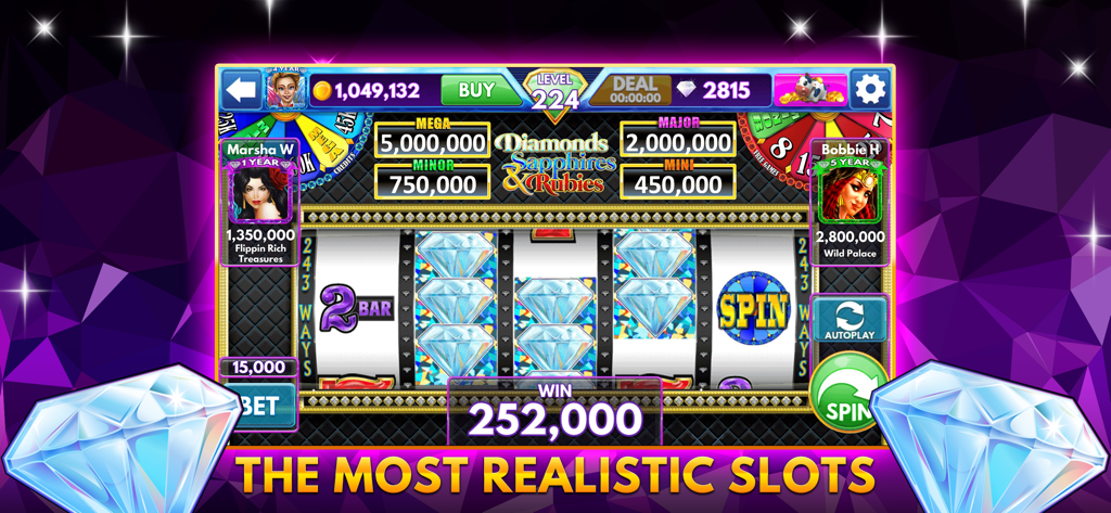 Diamond Sky: Slots & Lottery - Déroulement d'une partie de machine à sous dans Diamond Sky montrant des icônes de diamant et des récompenses de jackpot