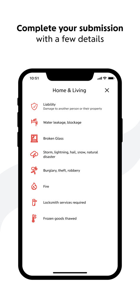 Schermata dell'app mobile che visualizza le categorie di sinistri per l'assicurazione sulla casa e sulla vita per una rapida presentazione digitale.