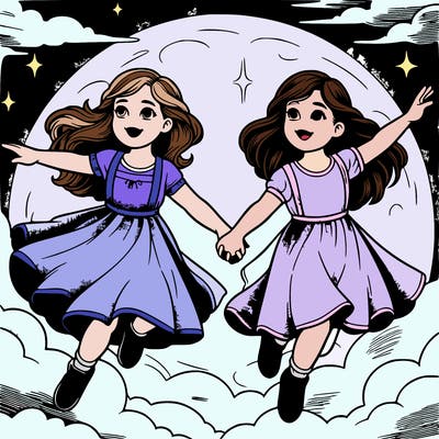 two girls about the same age flying through a moonlit sky, holding hands. they are sisters, so they look alike.