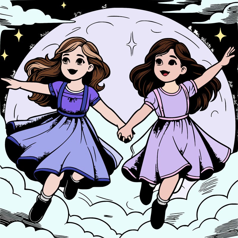 two girls about the same age flying through a moonlit sky, holding hands. they are sisters, so they look alike.