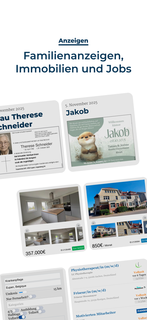 GrenzEcho App - Captura de ecrã da aplicação GrenzEcho a mostrar secções de anúncios familiares, listagens imobiliárias e ofertas de emprego.