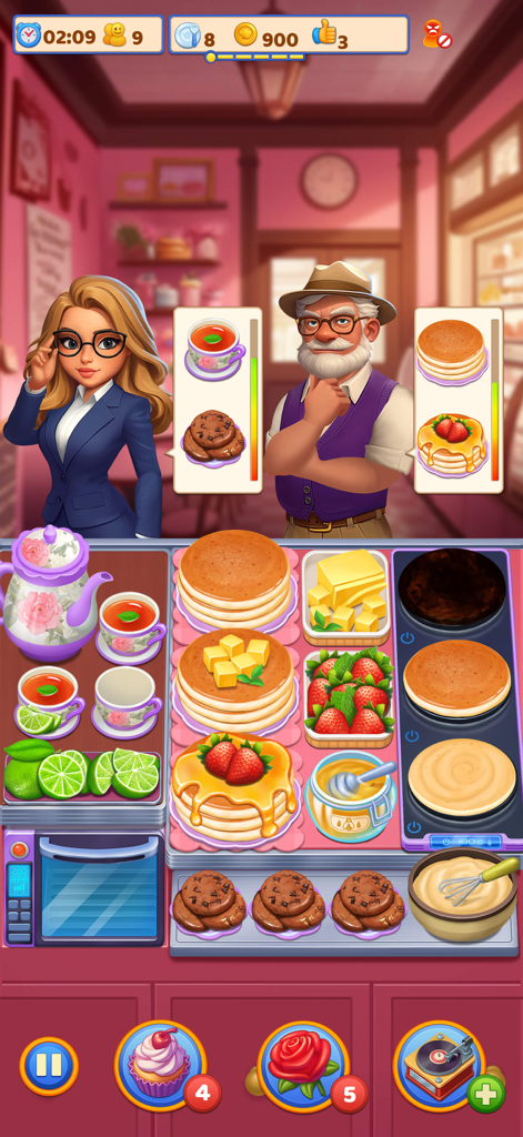 Cooking Ready - Juego vertical móvil de Cooking Ready que muestra una estación de panqueques y dos clientes esperando sus pedidos, incluyendo té y galletas