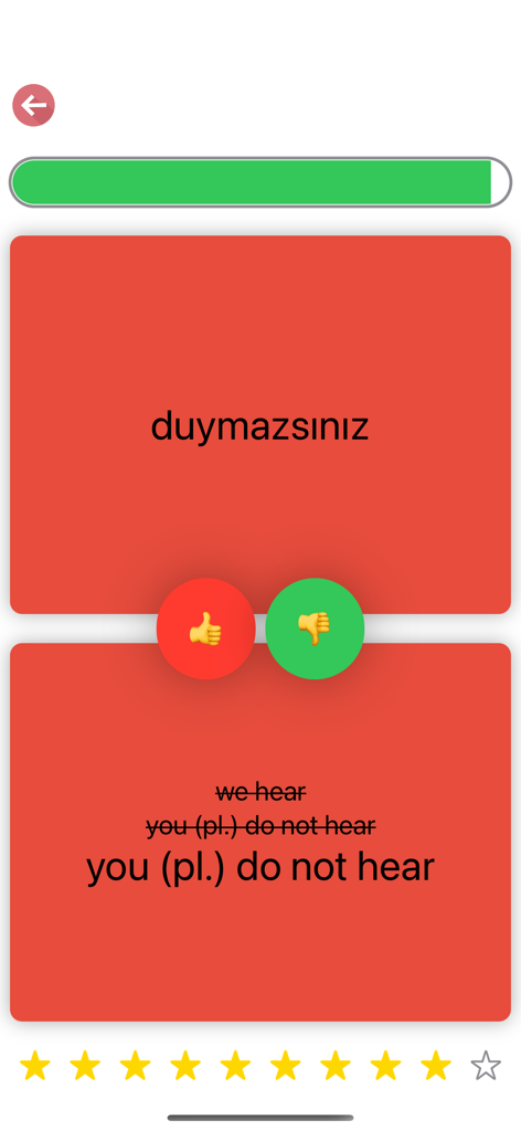 Una interfaz de cuestionario rápido en la aplicación Dominio de Verbos Turcos que muestra un ejercicio de conjugación de verbos turcos.
