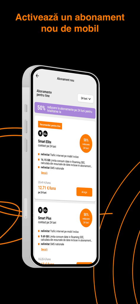 My Orange Romania app interface showing available mobile subscription plans and loyalty discounts