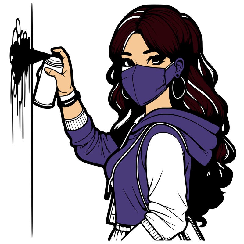 realistic girl with mask spray painting a wall