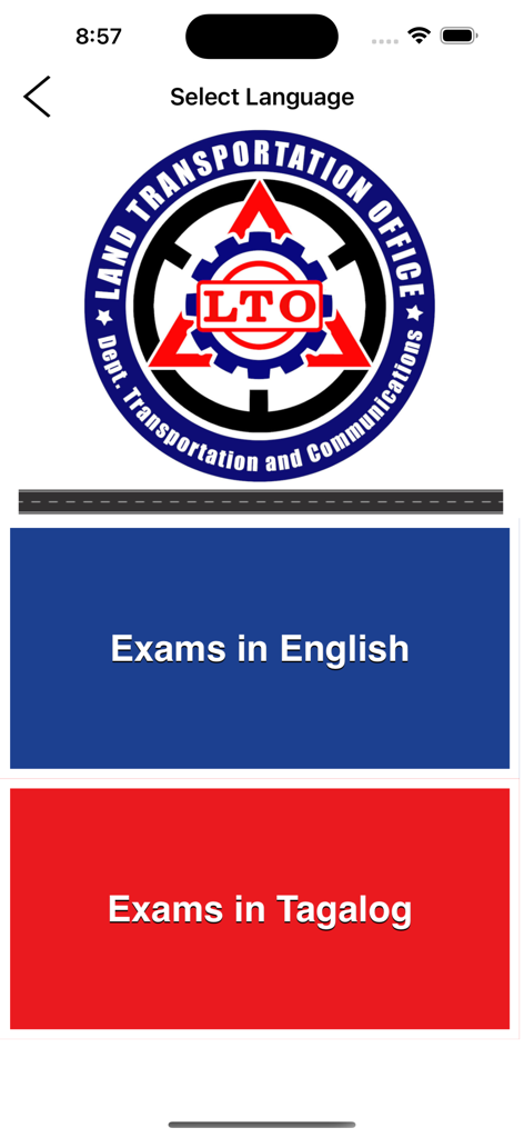 LTO Driver's License Exam Test - Language selection screen for the LTO Driver's License Exam Test app with options for English and Tagalog exams