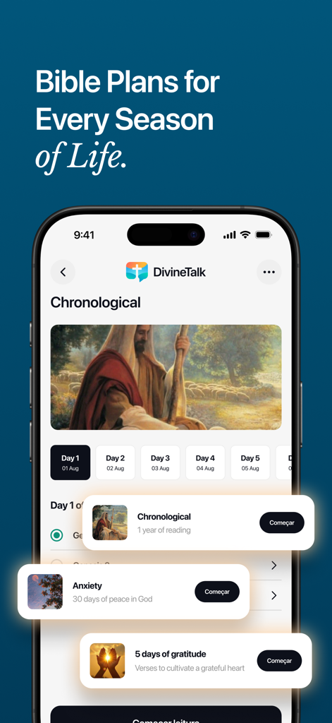 DivineTalk - Bible Tracker - DivineTalkアプリのインターフェース。時系列読書、不安緩和、感謝のためのパーソナライズされた聖書学習プランを表示