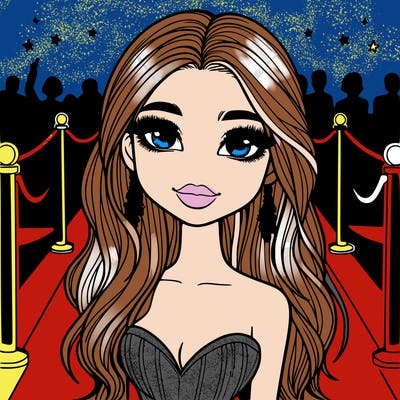 a realistic girl in full makeup and a dress at the red carpet