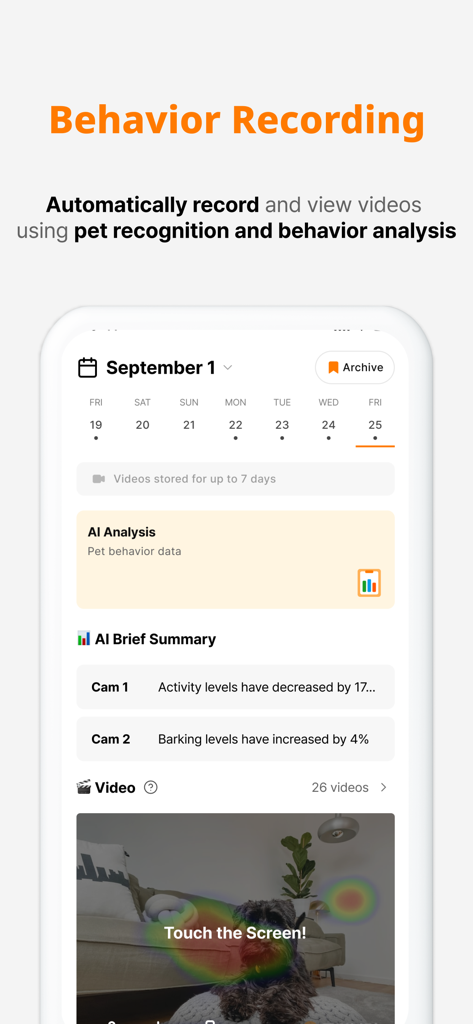 Dogibo app interface showing AI pet behavior recording and activity tracking summaries