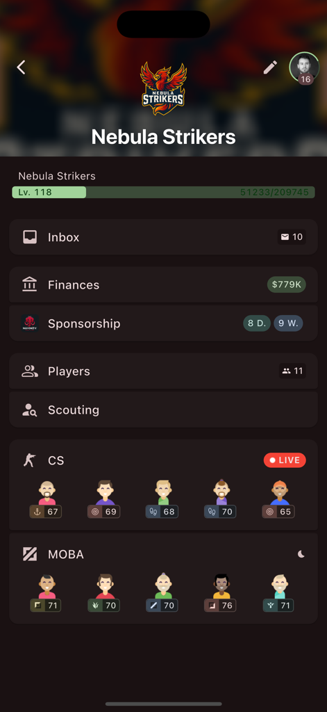 ESMO: Esports Manager Online - Interface of ESMO app showing the Nebula Strikers club dashboard with player rosters for CS and MOBA games along with financial status.