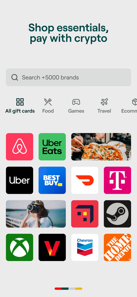 Bitrefill: Gift Cards & eSIM - Tela inicial do app Bitrefill mostrando cartões-presente de marcas populares como Airbnb, Uber e Best Buy disponíveis para compra com cripto