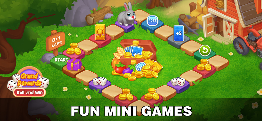 A board game style mini game in Solitaire Farm Tripeaks World with dice and farm animals