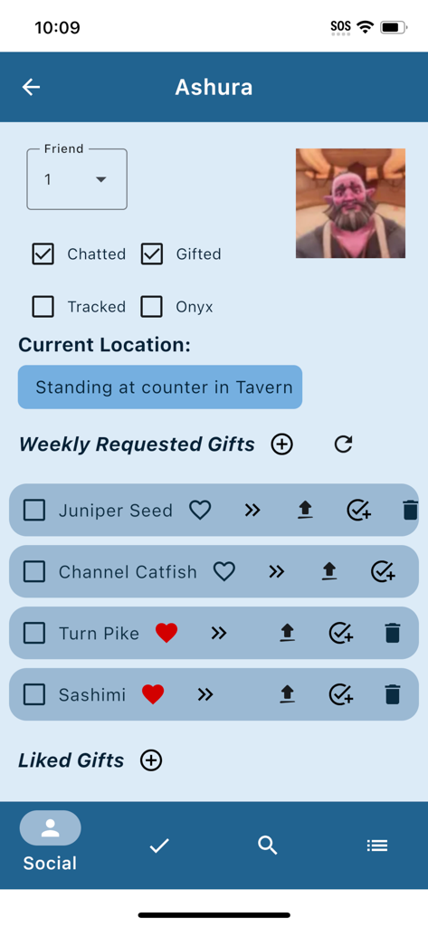 Unofficial Palia Notebook - Interfaz de la aplicación Palia Notebook que rastrea la ubicación de Ashura y los regalos solicitados