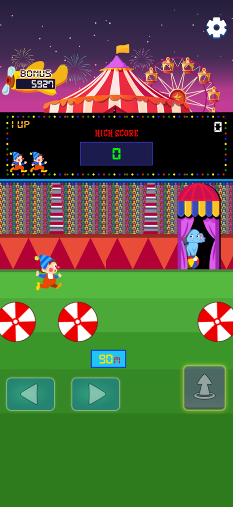 Ein Clown-Charakter springt zwischen Bällen im Retro-Mobilspiel The Circus Clown Show