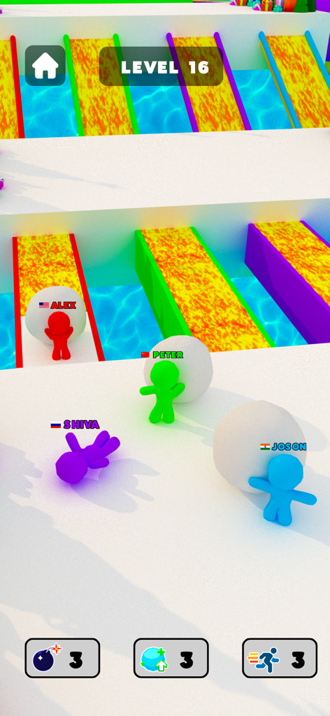 Snow Race 3D™: Fun Xmas Racing - Quatre personnages colorés faisant rouler des boules de neige et faisant la course sur une plateforme enneigée avec des rampes dans Snow Race 3D.