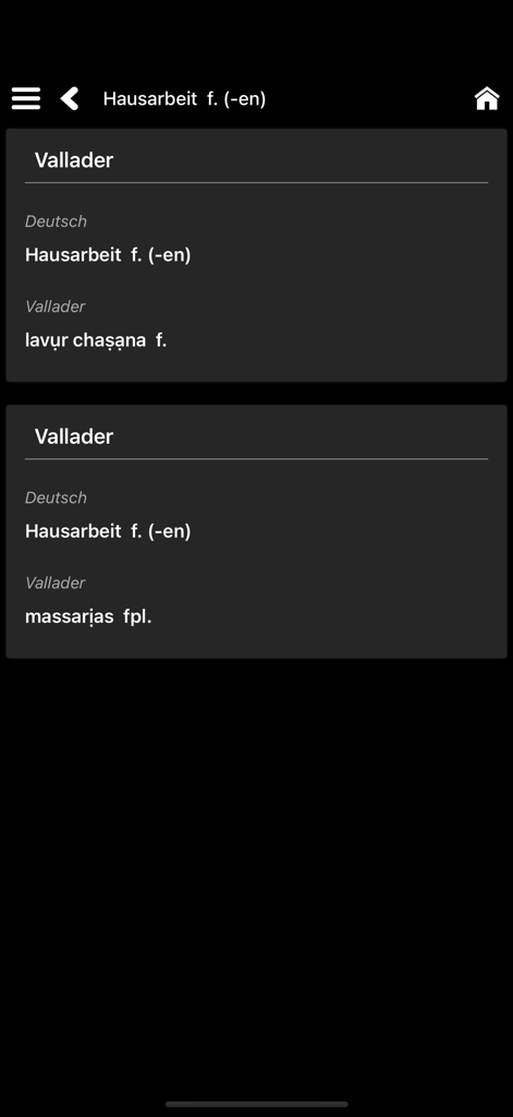 Screenshot of the Romansh Vallader dictionary app showing German to Vallader translation results