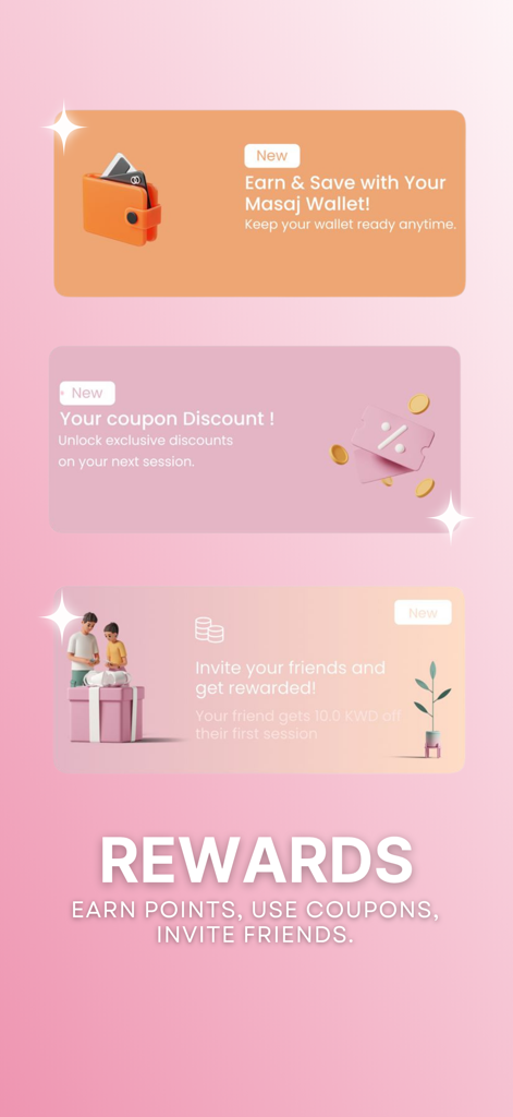 Masaj - ロイヤルティウォレット、割引クーポン、紹介プログラムを特徴とするMasajアプリの報酬画面。