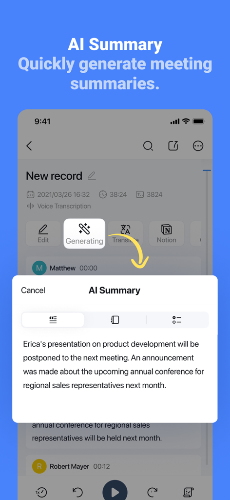 A mobile interface showing the AI generated meeting summary feature in the Notta transcription app