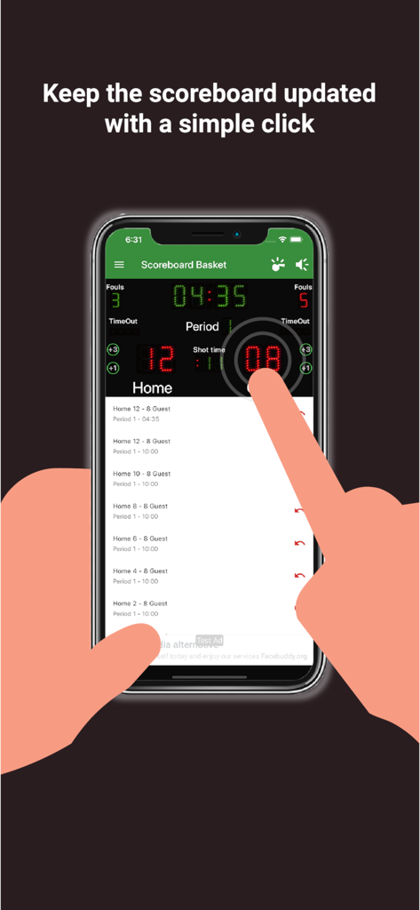 Scoreboard Basket - Basketball scoreboard app interface showing game time and scores being updated by a user