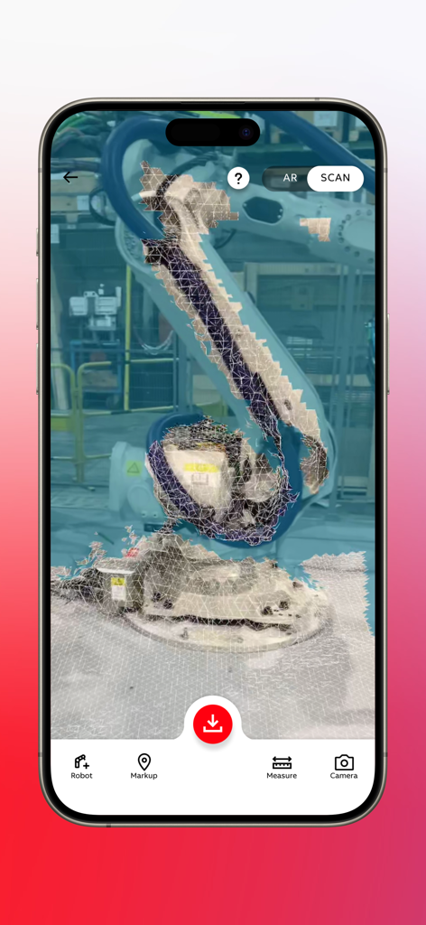 RobotStudio® AR Viewer - ABB RobotStudio AR Viewer app displaying a 3D wireframe mesh scan of an industrial robot arm in a factory environment.