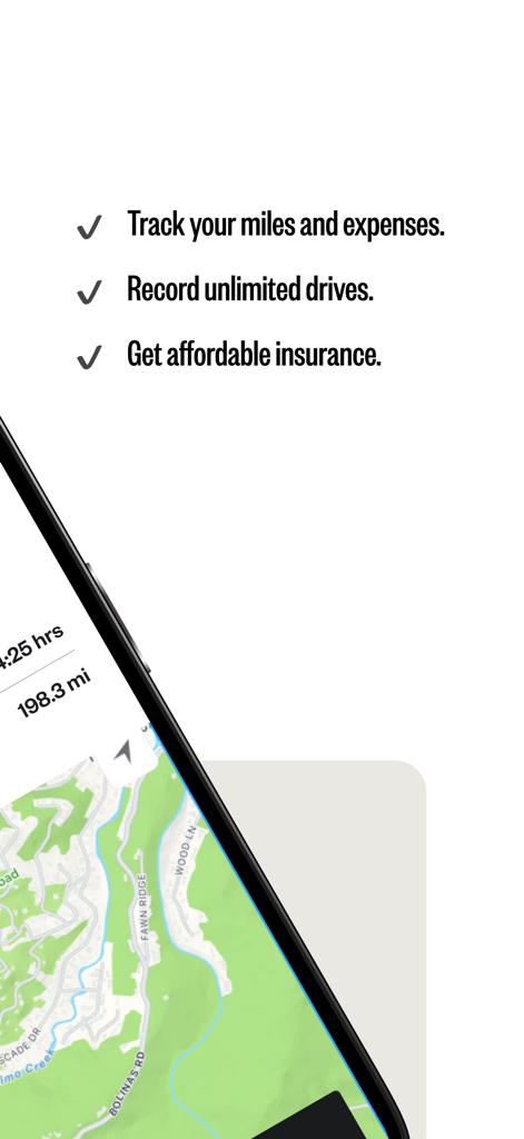Liste des avantages de l'application Stride, y compris le suivi du kilométrage et l'accès à l'assurance, à côté d'un écran de téléphone mobile montrant un itinéraire cartographié