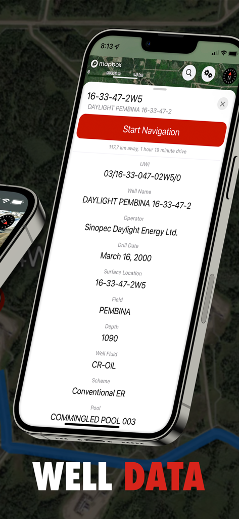 OilTrails app screen displaying detailed oil well information including operator drill date and field data