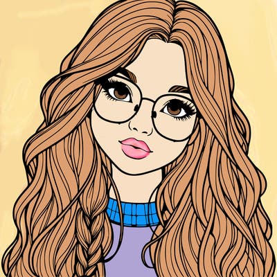 girl with long hair and freckles and glasses realistic